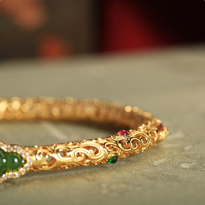 Buddha Stones Cyan Jade Copper Plated Gold Auspicious Clouds Gourd Luck Bracelet Bangle - image 14