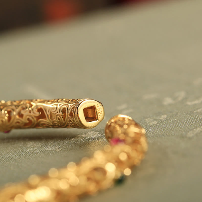 Buddha Stones Cyan Jade Copper Plated Gold Auspicious Clouds Gourd Luck Bracelet Bangle - image 13