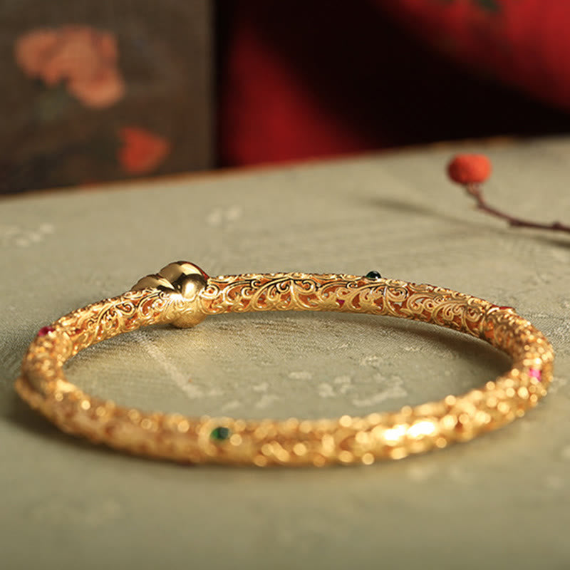 Buddha Stones Cyan Jade Copper Plated Gold Auspicious Clouds Gourd Luck Bracelet Bangle - image 3
