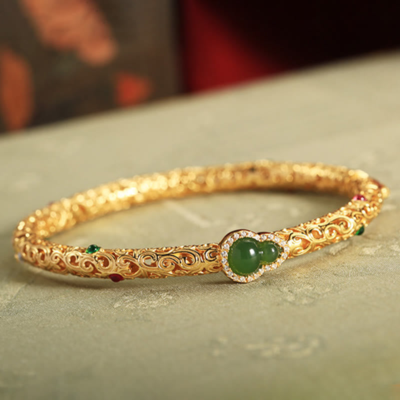 Buddha Stones Cyan Jade Copper Plated Gold Auspicious Clouds Gourd Luck Bracelet Bangle - image 11