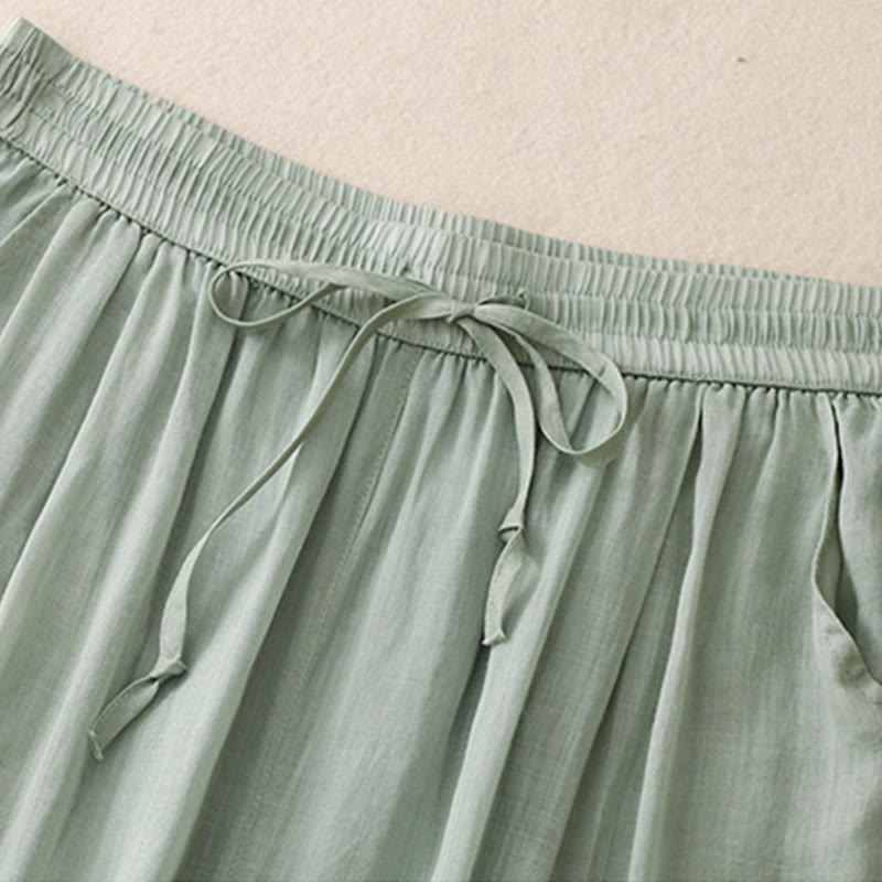 Buddha Stones Causal Vintage Plain Drawstring Lace Patchwork Design Women's Wide Leg Cotton Elastic Waistband Pants With Pockets - image 1