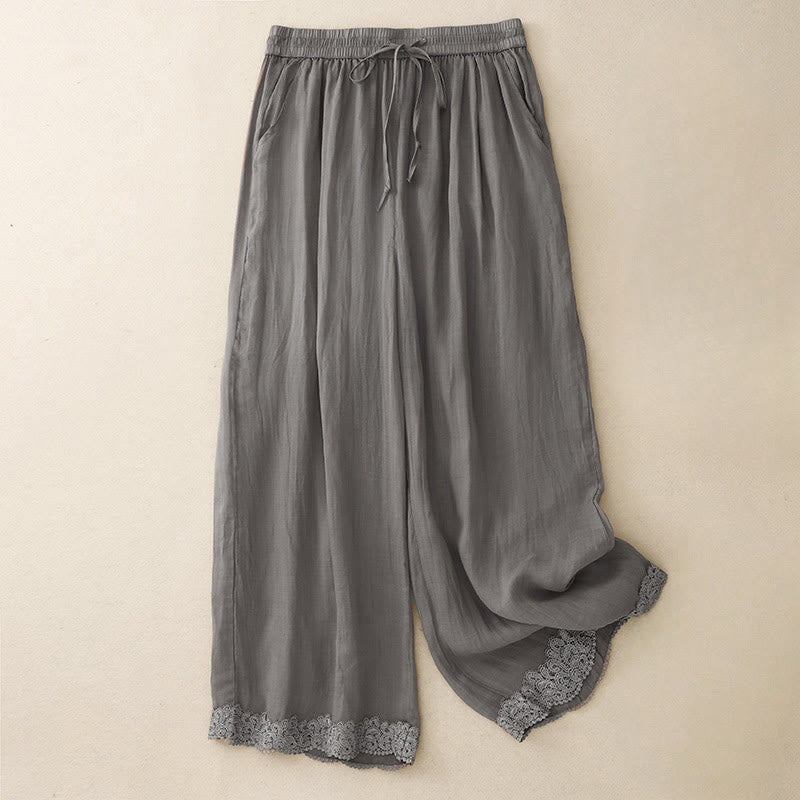 Buddha Stones Causal Vintage Plain Drawstring Lace Patchwork Design Women's Wide Leg Cotton Elastic Waistband Pants With Pockets - SlateGray - US8-10，UK/AU12-14，EU40-42 (2XL) - image 3