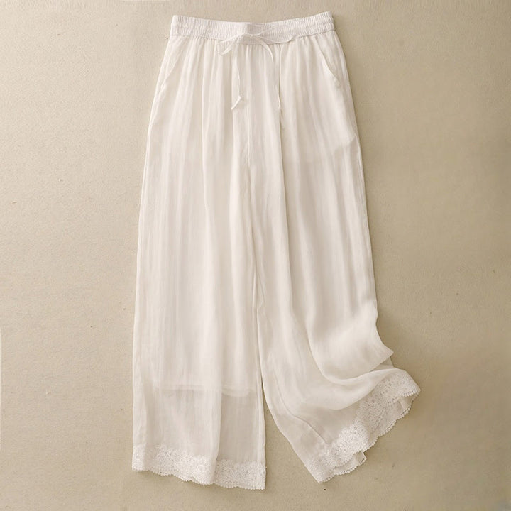 Buddha Stones Causal Vintage Plain Drawstring Lace Patchwork Design Women's Wide Leg Cotton Elastic Waistband Pants With Pockets - FloralWhite - US8-10，UK/AU12-14，EU40-42 (2XL) - image 17
