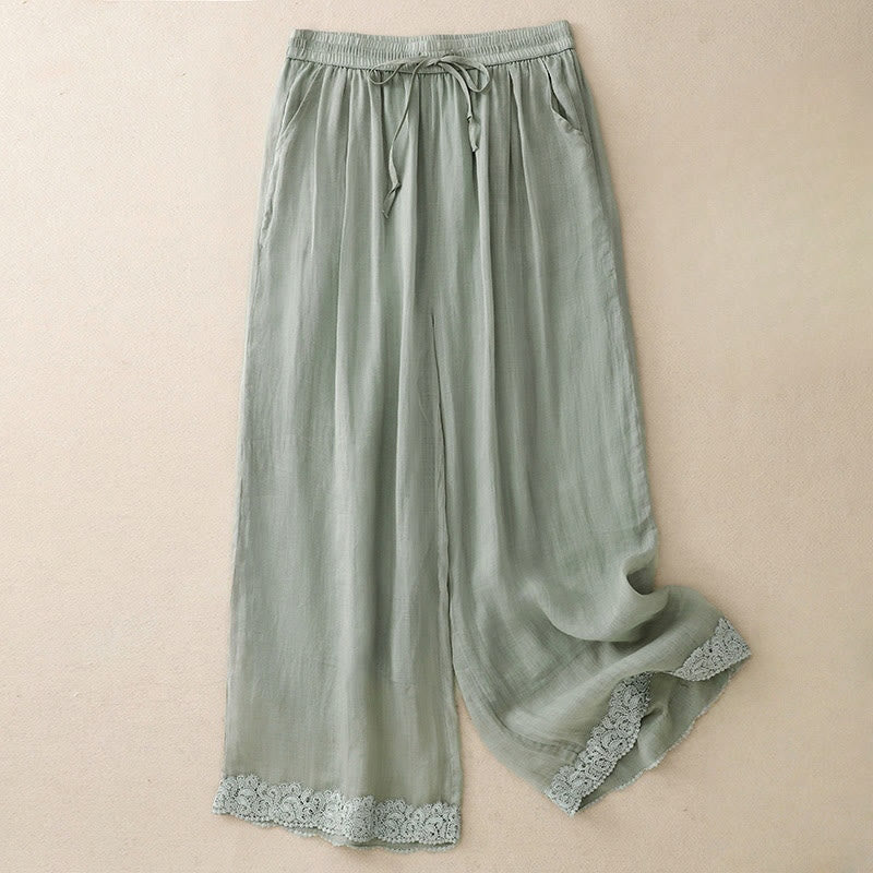 Buddha Stones Causal Vintage Plain Drawstring Lace Patchwork Design Women's Wide Leg Cotton Elastic Waistband Pants With Pockets - MediumAquamarine - US8-10，UK/AU12-14，EU40-42 (2XL) - image 0