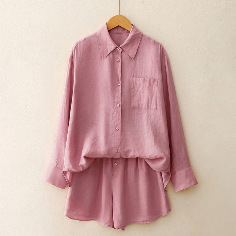 Buddha Stones Summer 2pcs Plain Long Sleeve Shirt Top Cardigan Shorts Meditation Clothing Women's Set With Pockets - image 1