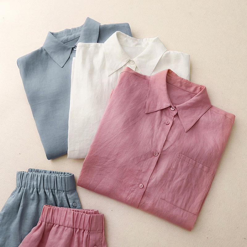 Buddha Stones Summer 2pcs Plain Long Sleeve Shirt Top Cardigan Shorts Meditation Clothing Women's Set With Pockets - image 33