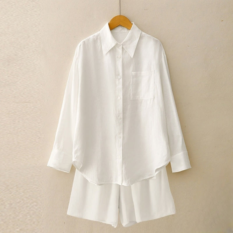 Buddha Stones Summer 2pcs Plain Long Sleeve Shirt Top Cardigan Shorts Meditation Clothing Women's Set With Pockets - White - US12，UK/AU16，EU44 (2XL) - image 28