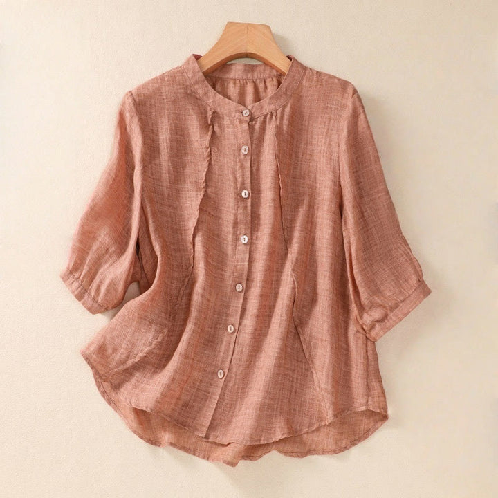 Buddha Stones Casual Daily Plain Button Ruffled Design Stand Collar Women's Cotton Linen Three Quarter Sleeve Shirt - Coral - US8-10，UK/AU12-14，EU40-42 (2XL) - image 15