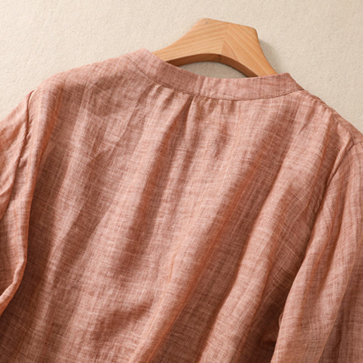 Buddha Stones Casual Daily Plain Button Ruffled Design Stand Collar Women's Cotton Linen Three Quarter Sleeve Shirt - image 18