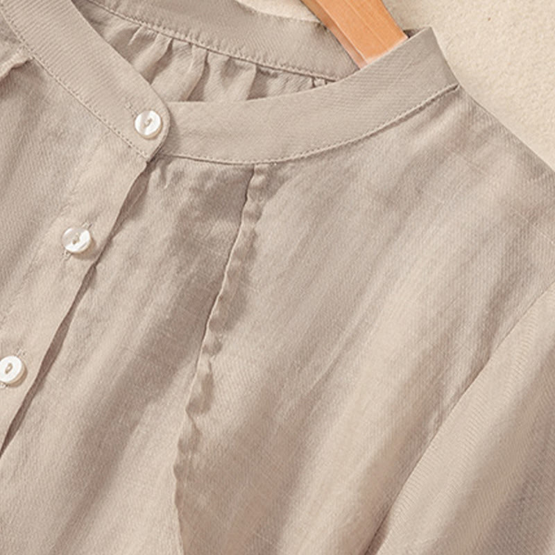 Buddha Stones Casual Daily Plain Button Ruffled Design Stand Collar Women's Cotton Linen Three Quarter Sleeve Shirt - image 10