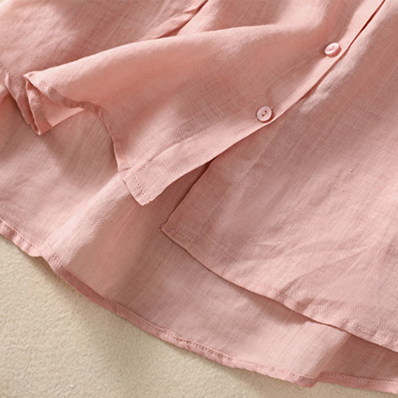 Buddha Stones Casual Daily Plain Button Ruffled Design Stand Collar Women's Cotton Linen Three Quarter Sleeve Shirt - image 30