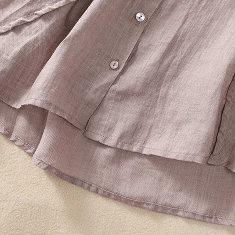 Buddha Stones Casual Daily Plain Button Ruffled Design Stand Collar Women's Cotton Linen Three Quarter Sleeve Shirt - image 6