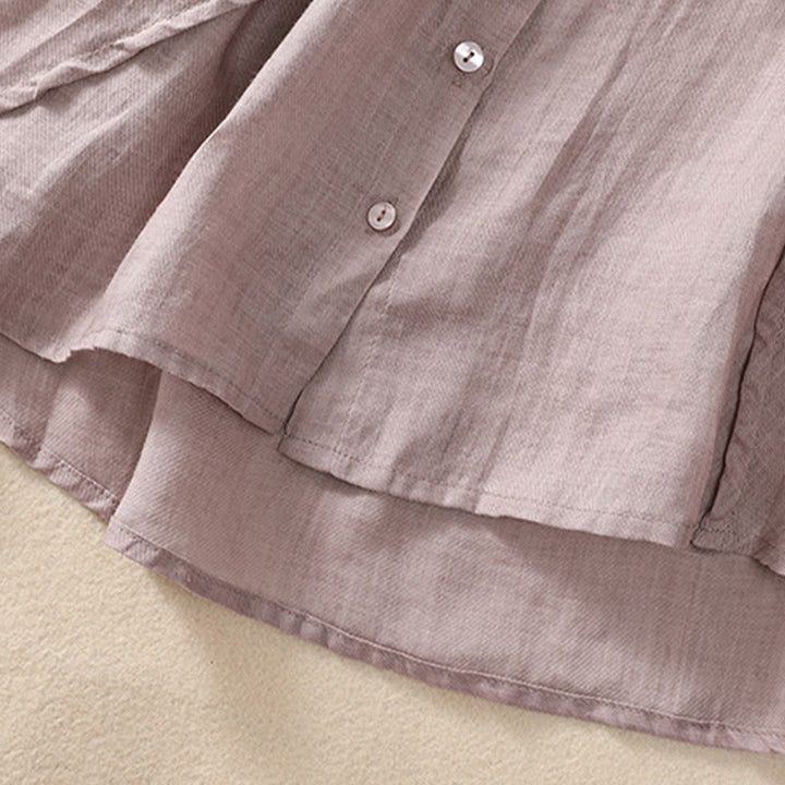 Buddha Stones Casual Daily Plain Button Ruffled Design Stand Collar Women's Cotton Linen Three Quarter Sleeve Shirt - image 6