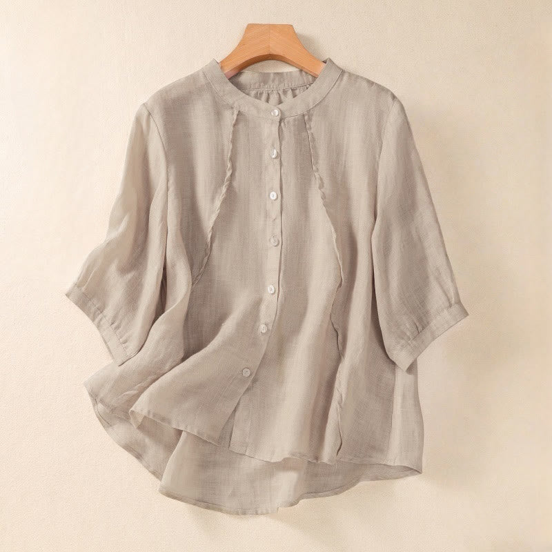 Buddha Stones Casual Daily Plain Button Ruffled Design Stand Collar Women's Cotton Linen Three Quarter Sleeve Shirt Cardigan - Tan - US8-10，UK/AU12-14，EU40-42 (2XL) - image 7