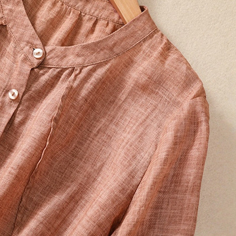 Buddha Stones Casual Daily Plain Button Ruffled Design Stand Collar Women's Cotton Linen Three Quarter Sleeve Shirt - image 19
