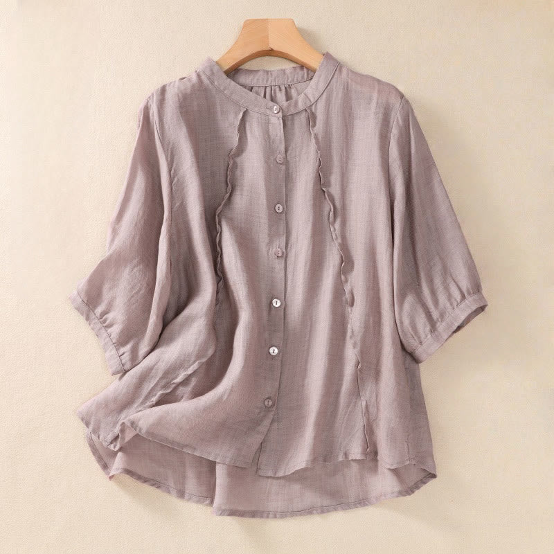 Buddha Stones Casual Daily Plain Button Ruffled Design Stand Collar Women's Cotton Linen Three Quarter Sleeve Shirt - Thistle - US8-10，UK/AU12-14，EU40-42 (2XL) - image 0