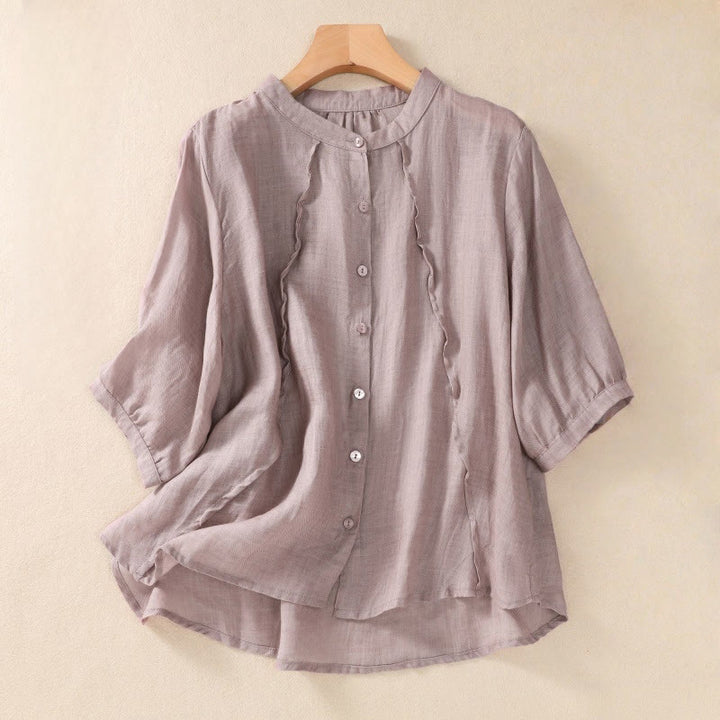 Buddha Stones Casual Daily Plain Button Ruffled Design Stand Collar Women's Cotton Linen Three Quarter Sleeve Shirt - Thistle - US8-10，UK/AU12-14，EU40-42 (2XL) - image 0