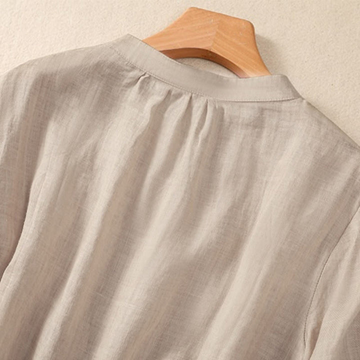 Buddha Stones Casual Daily Plain Button Ruffled Design Stand Collar Women's Cotton Linen Three Quarter Sleeve Shirt - image 11