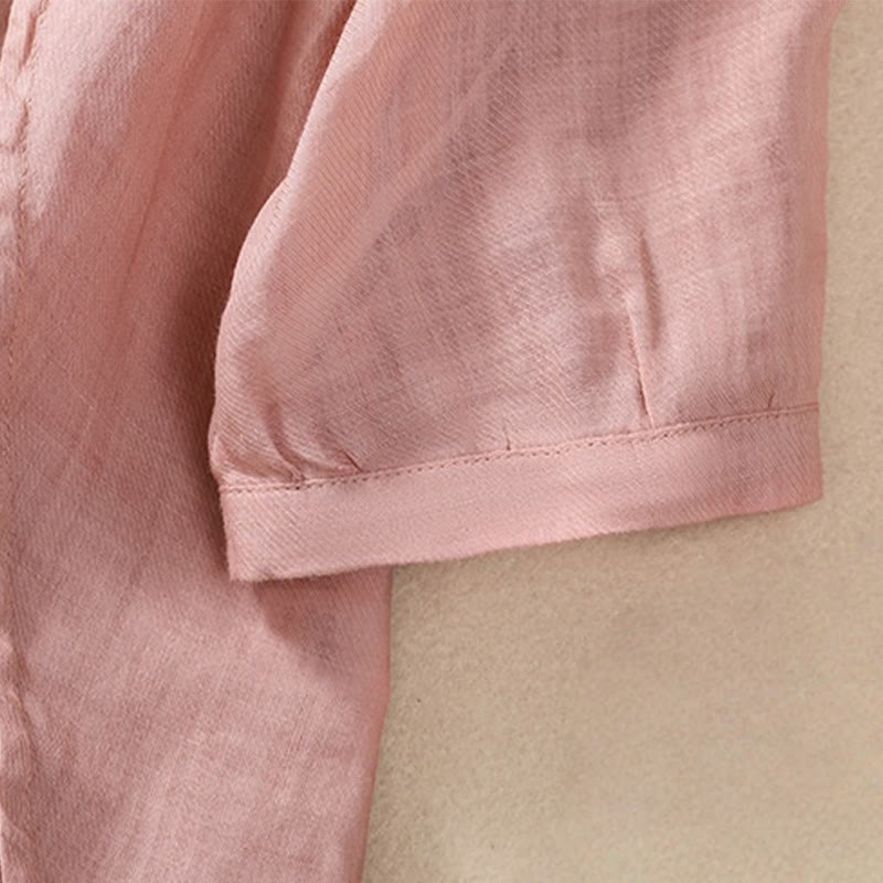 Buddha Stones Casual Daily Plain Button Ruffled Design Stand Collar Women's Cotton Linen Three Quarter Sleeve Shirt - image 28