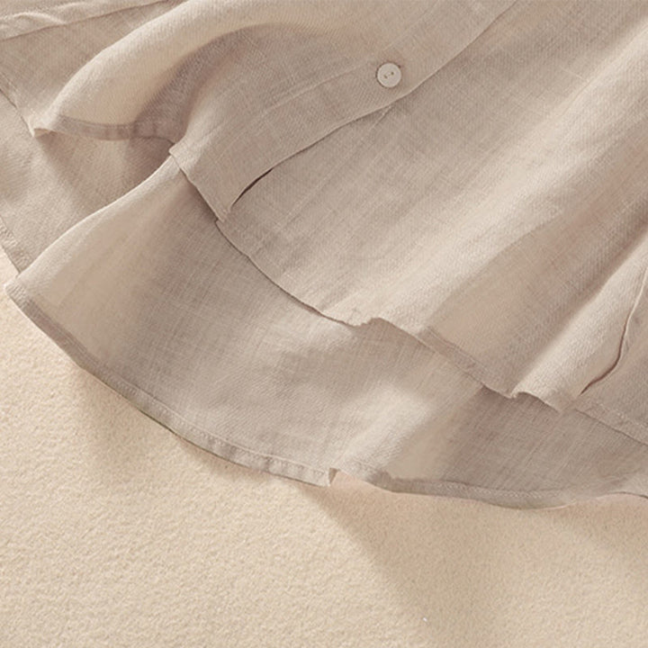 Buddha Stones Casual Daily Plain Button Ruffled Design Stand Collar Women's Cotton Linen Three Quarter Sleeve Shirt - image 13