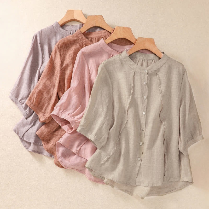 Buddha Stones Casual Daily Plain Button Ruffled Design Stand Collar Women's Cotton Linen Three Quarter Sleeve Shirt - image 32