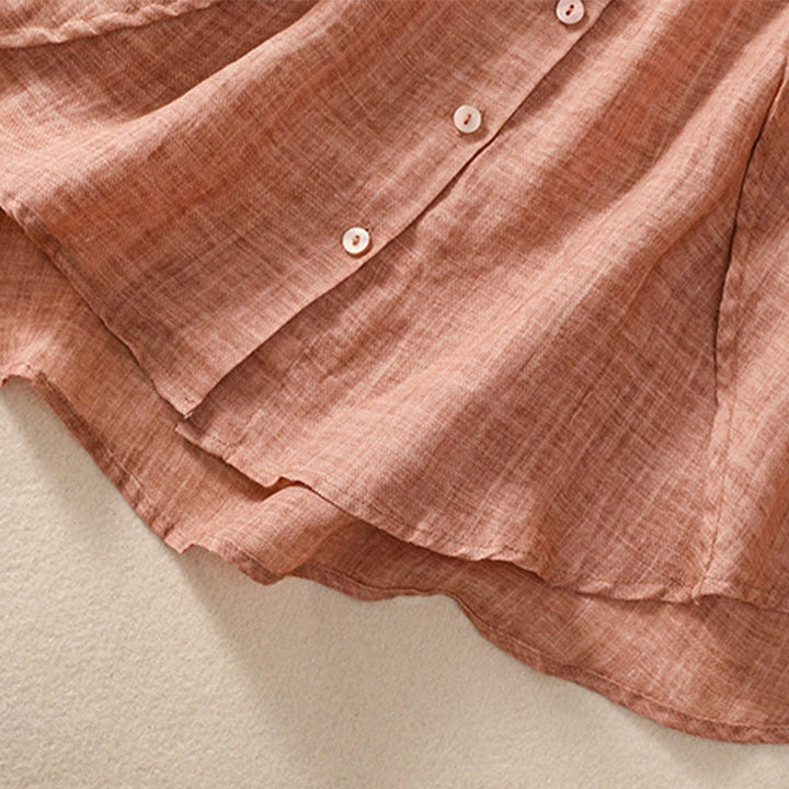 Buddha Stones Casual Daily Plain Button Ruffled Design Stand Collar Women's Cotton Linen Three Quarter Sleeve Shirt - image 20