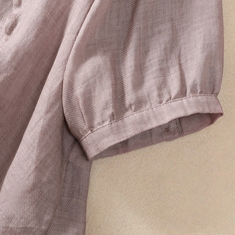 Buddha Stones Casual Daily Plain Button Ruffled Design Stand Collar Women's Cotton Linen Three Quarter Sleeve Shirt Cardigan - image 5