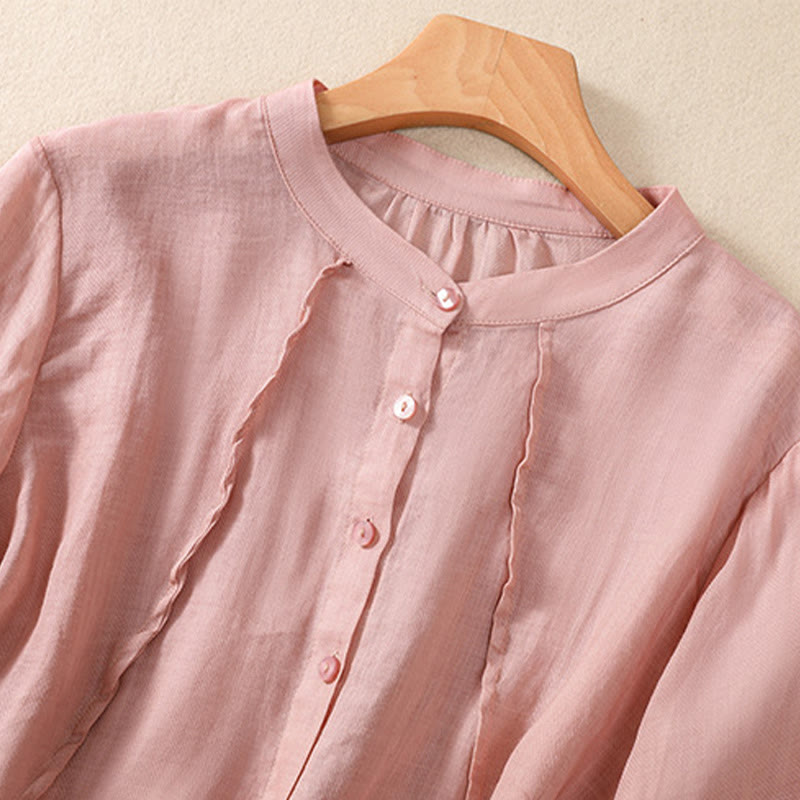 Buddha Stones Casual Daily Plain Button Ruffled Design Stand Collar Women's Cotton Linen Three Quarter Sleeve Shirt - image 24