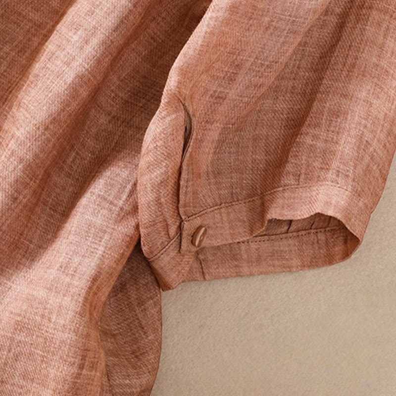 Buddha Stones Casual Daily Plain Button Ruffled Design Stand Collar Women's Cotton Linen Three Quarter Sleeve Shirt - image 22