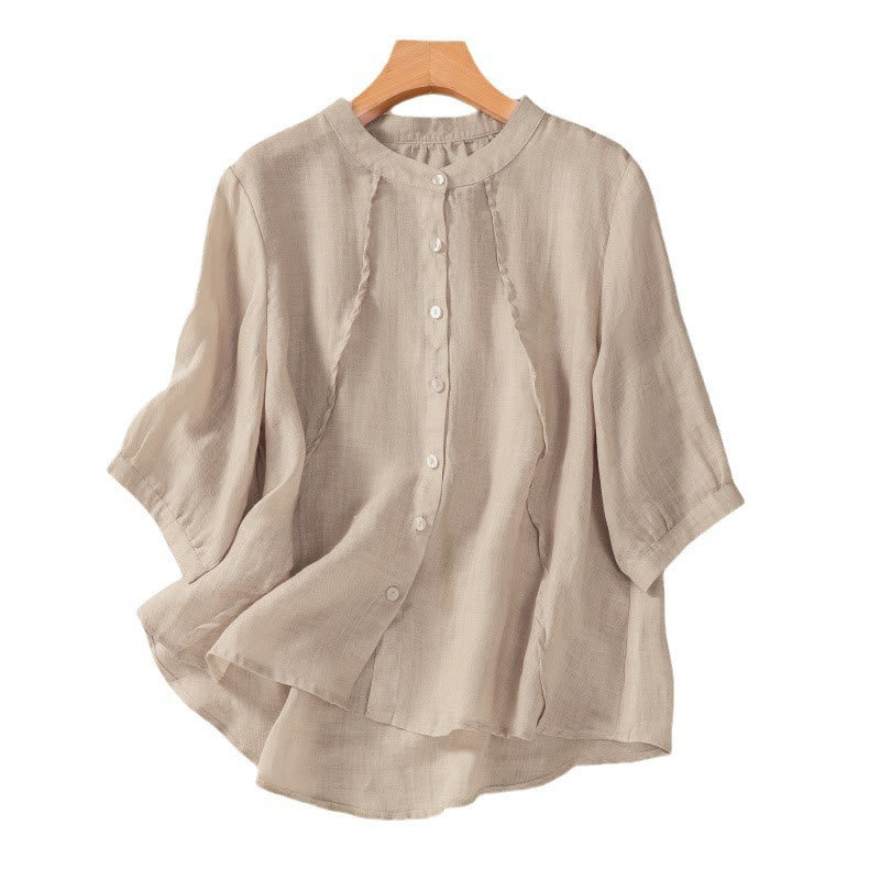 Buddha Stones Casual Daily Plain Button Ruffled Design Stand Collar Women's Cotton Linen Three Quarter Sleeve Shirt - image 14