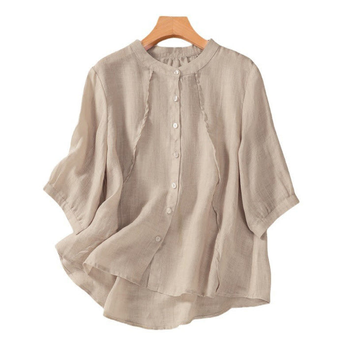 Buddha Stones Casual Daily Plain Button Ruffled Design Stand Collar Women's Cotton Linen Three Quarter Sleeve Shirt - image 14