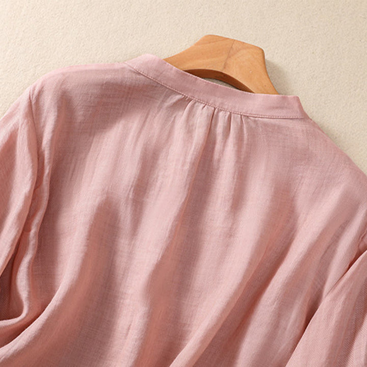 Buddha Stones Casual Daily Plain Button Ruffled Design Stand Collar Women's Cotton Linen Three Quarter Sleeve Shirt - image 26