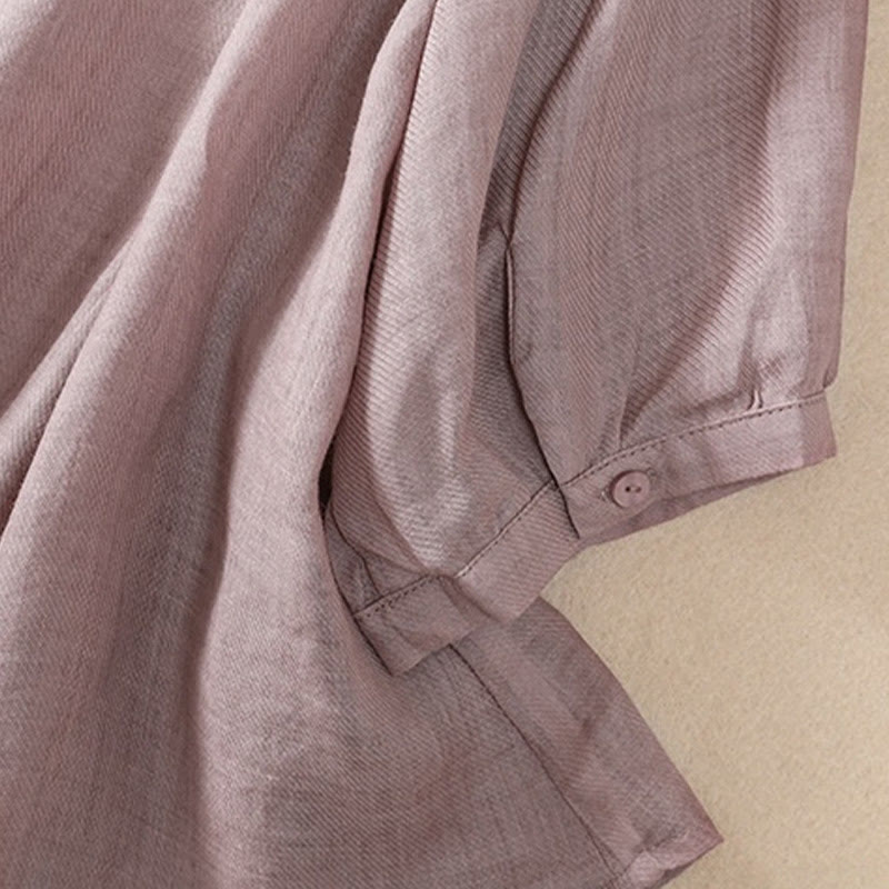 Buddha Stones Casual Daily Plain Button Ruffled Design Stand Collar Women's Cotton Linen Three Quarter Sleeve Shirt Cardigan - image 4