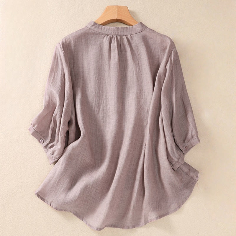 Buddha Stones Casual Daily Plain Button Ruffled Design Stand Collar Women's Cotton Linen Three Quarter Sleeve Shirt Cardigan - image 1