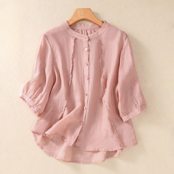 Buddha Stones Casual Daily Plain Button Ruffled Design Stand Collar Women's Cotton Linen Three Quarter Sleeve Shirt Cardigan - LightPink - US8-10，UK/AU12-14，EU40-42 (2XL) - image 23