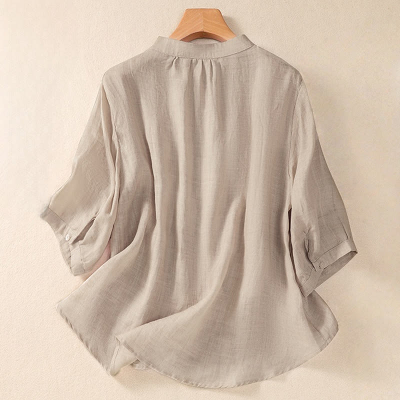 Buddha Stones Casual Daily Plain Button Ruffled Design Stand Collar Women's Cotton Linen Three Quarter Sleeve Shirt Cardigan - image 8