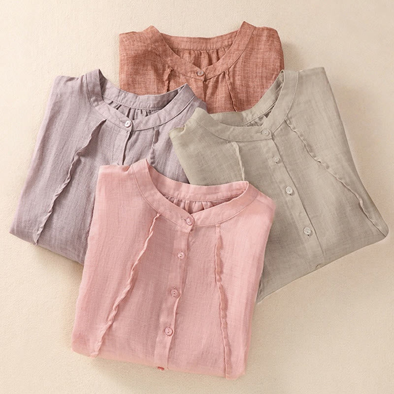 Buddha Stones Casual Daily Plain Button Ruffled Design Stand Collar Women's Cotton Linen Three Quarter Sleeve Shirt - image 31