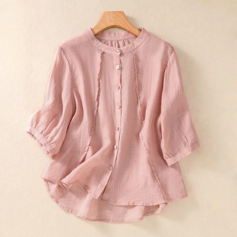 Buddha Stones Casual Daily Plain Button Ruffled Design Stand Collar Women's Cotton Linen Three Quarter Sleeve Shirt - LightPink - US8-10，UK/AU12-14，EU40-42 (2XL) - image 23