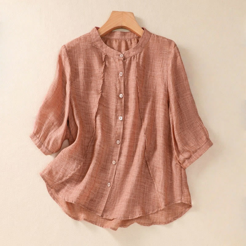 Buddha Stones Casual Daily Plain Button Ruffled Design Stand Collar Women's Cotton Linen Three Quarter Sleeve Shirt Cardigan - Coral - US8-10，UK/AU12-14，EU40-42 (2XL) - image 15