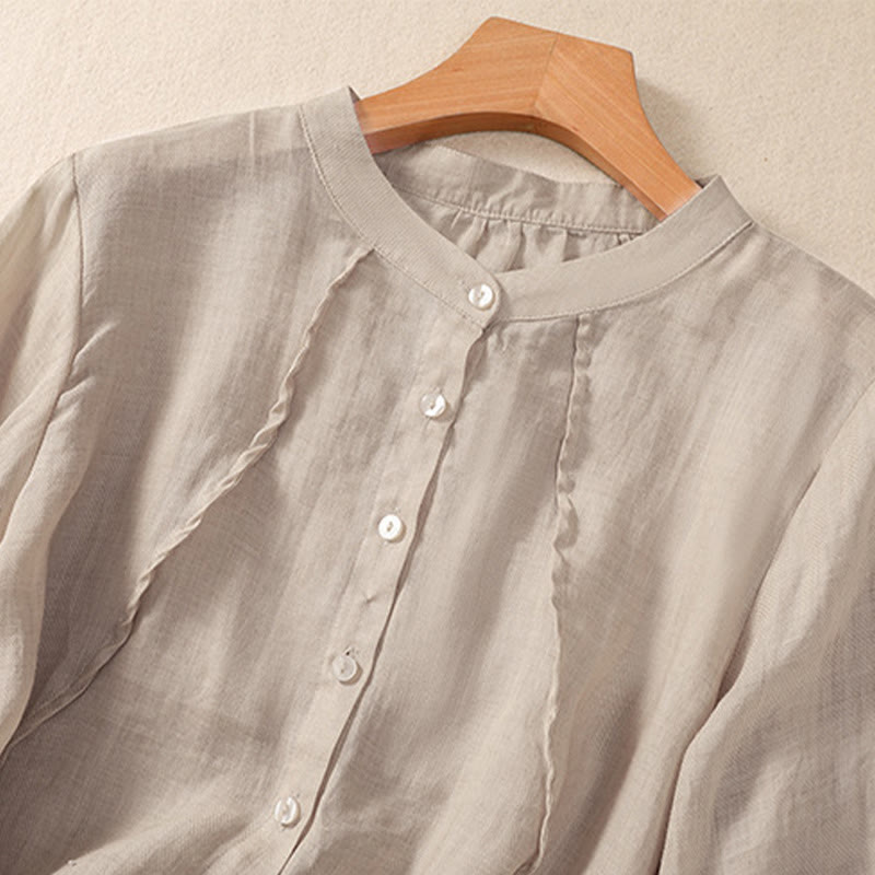 Buddha Stones Casual Daily Plain Button Ruffled Design Stand Collar Women's Cotton Linen Three Quarter Sleeve Shirt - image 9