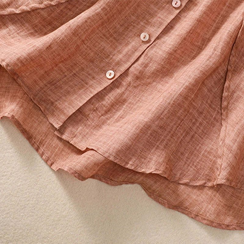 Buddha Stones Casual Daily Plain Button Ruffled Design Stand Collar Women's Cotton Linen Three Quarter Sleeve Shirt Cardigan - image 20