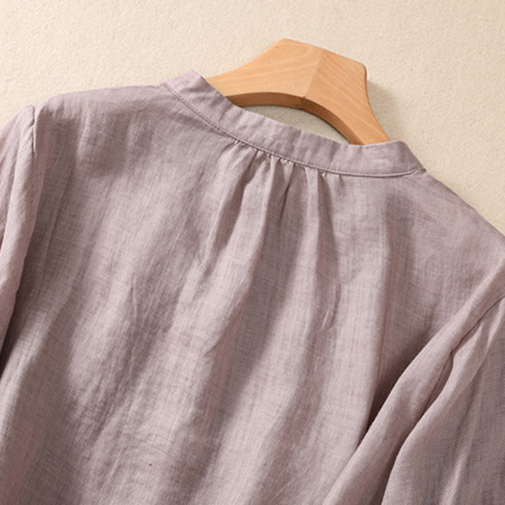 Buddha Stones Casual Daily Plain Button Ruffled Design Stand Collar Women's Cotton Linen Three Quarter Sleeve Shirt - image 3