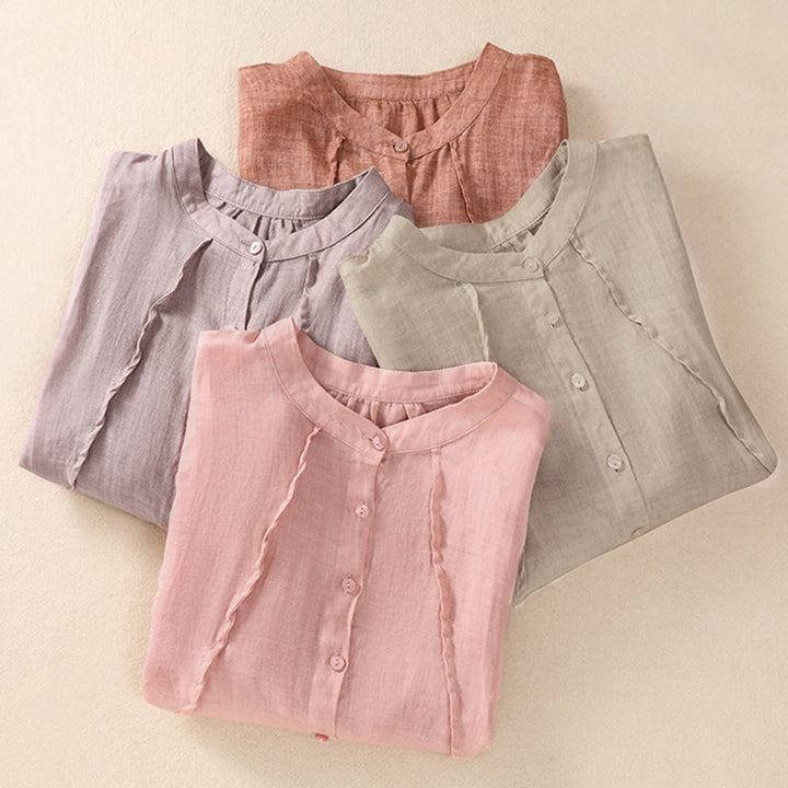 Buddha Stones Casual Daily Plain Button Ruffled Design Stand Collar Women's Cotton Linen Three Quarter Sleeve Shirt Cardigan - image 31