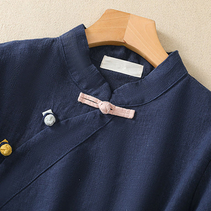 Buddha Stones Casual Plain Slant Stand Collar Collar Colorful Frog-Button Tang Suit Women's Cotton Linen Three Quarter Sleeve Shirt - image 3