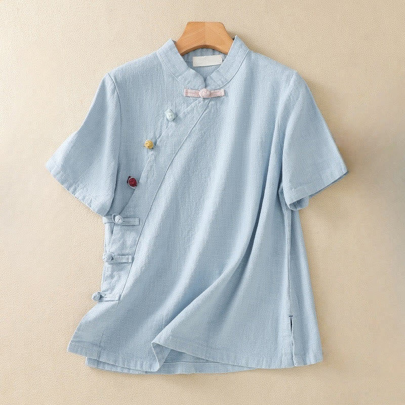 Buddha Stones Casual Plain Slant Stand Collar Collar Colorful Frog-Button Tang Suit Women's Cotton Linen Three Quarter Sleeve Shirt - LightSkyBlue - US8-10，UK/AU12-14，EU40-42 (2XL) - image 15