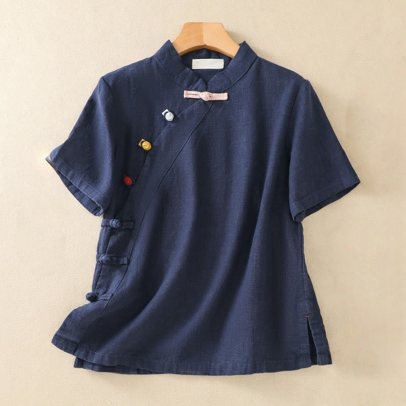 Buddha Stones Casual Plain Slant Stand Collar Collar Colorful Frog-Button Tang Suit Women's Cotton Linen Three Quarter Sleeve Shirt - Navy - US8-10，UK/AU12-14，EU40-42 (2XL) - image 0
