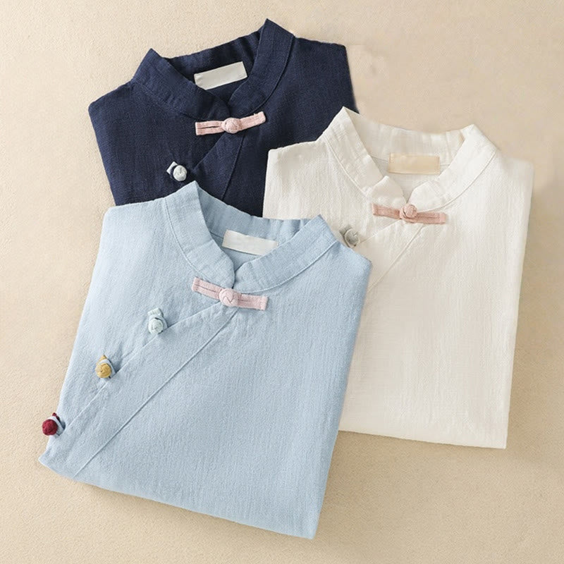 Buddha Stones Casual Plain Slant Stand Collar Collar Colorful Frog-Button Tang Suit Women's Cotton Linen Three Quarter Sleeve Shirt Cardigan - image 25