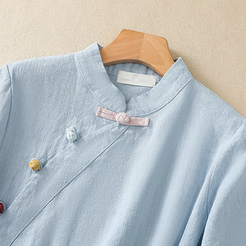 Buddha Stones Casual Plain Slant Stand Collar Collar Colorful Frog-Button Tang Suit Women's Cotton Linen Three Quarter Sleeve Shirt Cardigan - image 17