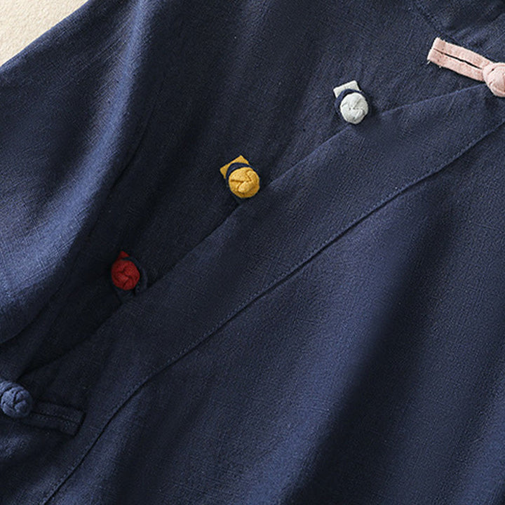 Buddha Stones Casual Plain Slant Stand Collar Collar Colorful Frog-Button Tang Suit Women's Cotton Linen Three Quarter Sleeve Shirt Cardigan - image 2