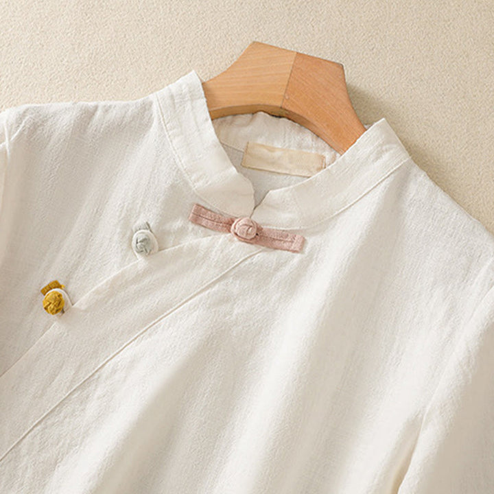 Buddha Stones Casual Plain Slant Stand Collar Collar Colorful Frog-Button Tang Suit Women's Cotton Linen Three Quarter Sleeve Shirt - image 9